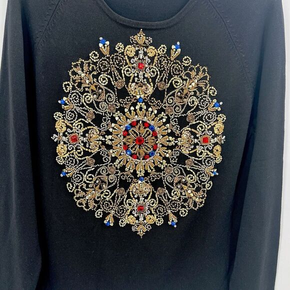 Vintage Michael Simon Black Silk Blend Beaded Medallion Sweater Womens Large - Picture 2 of 5